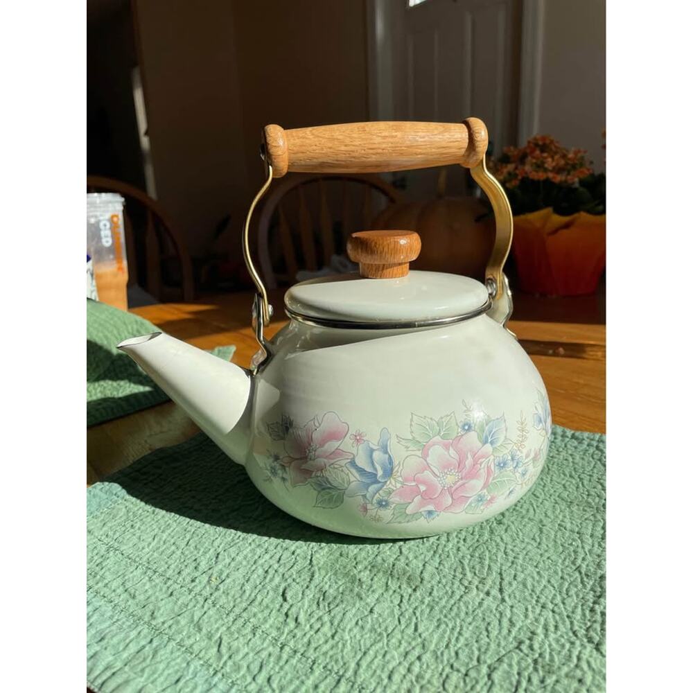 Beautiful Vintage Floral Enamelware Teapot with Wooden and Copper accents
